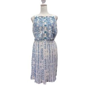 Blue & Ivory Pleated Plisse Skirt Dress KAS ModCloth Cottagecore Boho Milkmaid